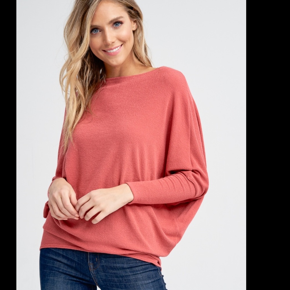 Soft Red Knit Dolman sleeve on off shoulder top - Picture 1 of 6